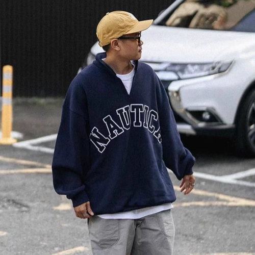 ❤️星光衫悅❤️NAUTICA 長谷川立體貼布刺繡字母大LOGO 超級重磅寬鬆大版型 復古立領套頭純棉半拉鍊衣a22
