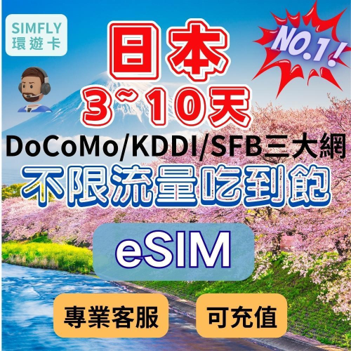 ?【eSIM】3~10天 日本上網卡 可充值 KDDI/軟銀電信 東京 大阪 北海道 不限量吃到飽