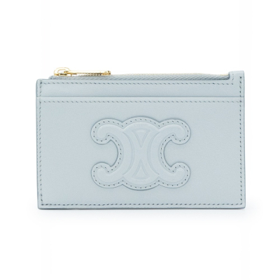 【CELINE 思琳】CELINE 平滑小牛皮CUIR TRIOMPHE拉鍊卡片套 (粉藍色) __DVSHOP 保證正