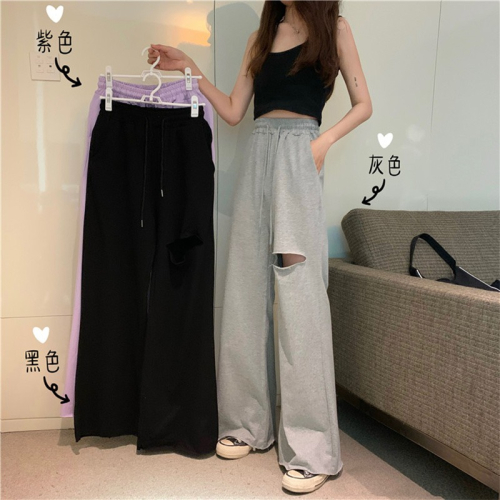 夏季破洞運動闊腿褲女新款泫雅高腰顯瘦垂感chic休閑拖地褲女