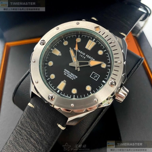 GiorgioFedon1919:手錶,型號:GF00125,男錶46mm銀錶殼黑色錶面真皮皮革錶帶款