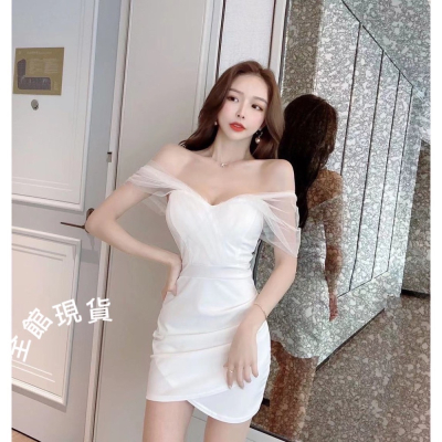 【台灣現貨不用等】 性感網紗拼接S-L 壹字肩 酒店夜店洋裝 小禮服 氣質修身包臀 禮服 連衣裙深V婚禮 生日 約會必備
