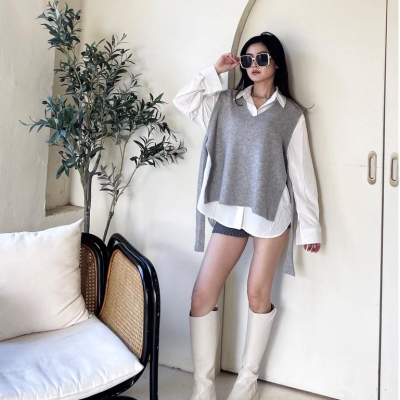 【DOE.FF】襯衫寬肩背心套裝 (現貨) 套裝女 寬鬆毛衣 下半身失蹤 襯衫女 針織背心 孕婦裝 長袖襯衫 V領毛衣