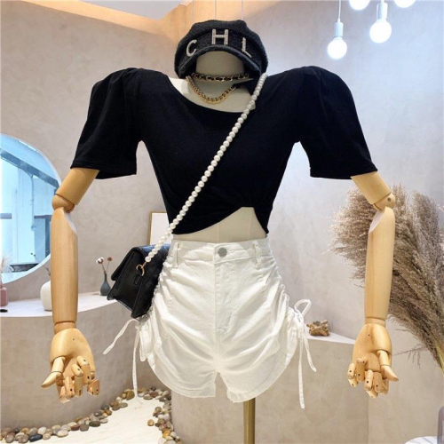 YAN台灣女裝現貨 抽繩牛仔短褲 白短褲 高腰短褲 抽繩造型 顯瘦 遮肚 牛仔褲 彩色方塊 ootd aifei