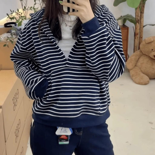 大V領長袖帽Tee 帽T 長袖 秋冬 連帽上衣 韓系