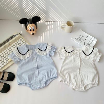 2023嬰兒衣服夏季新款簡約娃娃翻領三角哈衣短袖包屁衣女寶寶爬服