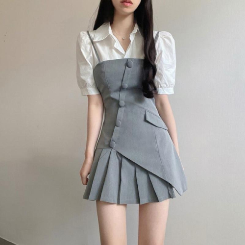 ????｜現貨+預購♡實拍*韓系設計感不規則兩件套襯衫連衣裙