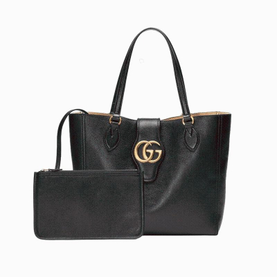 二手99新GUCCI/古馳女士小號黑色小牛皮雙G手提托特包單肩包
