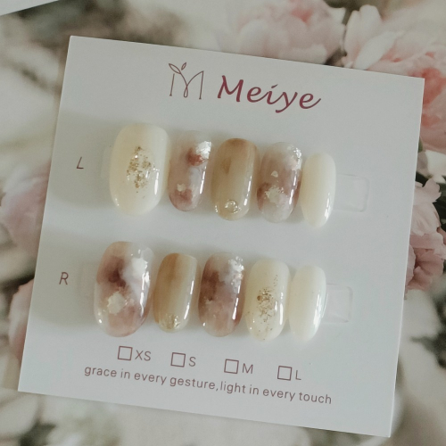【MEIYE美約】乾燥玫瑰奶霧金箔手作美甲｜優雅氣質系穿戴甲