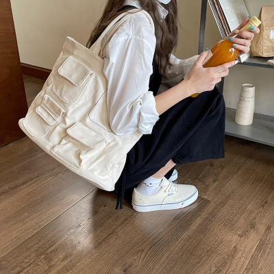 韓國新款休閒百搭帆布手提肩背大包 學生上班族包包 多口袋大容量設計托特包 旅行日常皆可 敞口有內袋 收納方便 加厚帆布