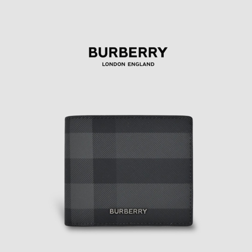 ?Burberry 品牌字母徽標 經典格紋雙摺皮夾｜炭灰色｜對折｜黑色衍縫縫線｜6卡｜短夾｜錢夾｜錢包｜環保皮革