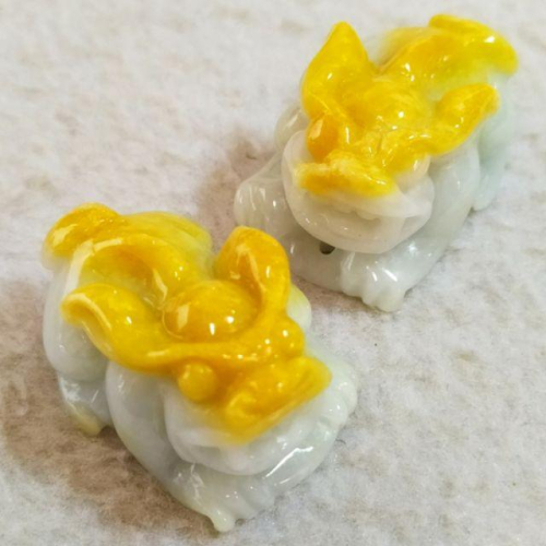⚜️招財神獸⚜️天然緬甸玉A貨翡翠-黃白雙彩 精雕 貔貅 一對【92jade 就愛翡翠】翡翠貔貅 貔貅玉佩玉墬項鍊墬子