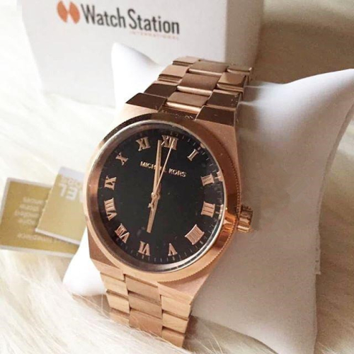 Michael kors MK女錶 玫瑰金黑面 羅馬數字時尚潮流鋼鏈石英手錶MK5937