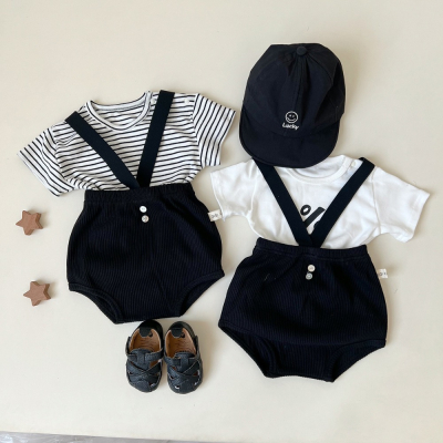 ins韓版嬰幼兒夏棉背帶褲寬松休閒短褲V背帶大pp褲短褲可配套短袖