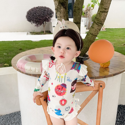 女童泳衣 0-6歲夏季韓國童裝兒童滿版卡通時尚連體游泳衣寶寶夏裝