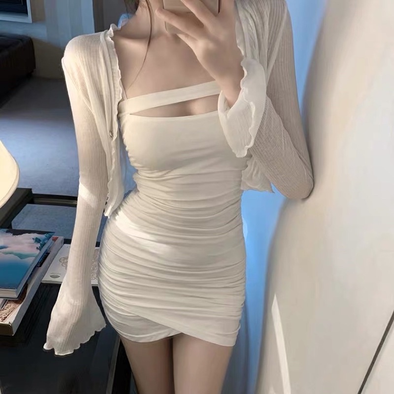 ❤️現貨在台，洋裝 白色 抹胸 吊帶 細肩帶 連衣裙 性感 露肩 緊身 包臀 氣質 洋裝 禮服 或 長袖 短版 小外套