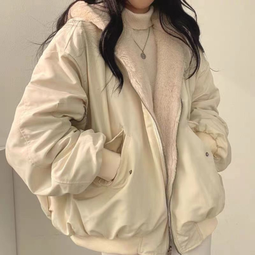 AS? 韓國 加絨 加厚 兩面穿 羊羔毛 棉服 外套 冬季 寬松 連帽 棉外套