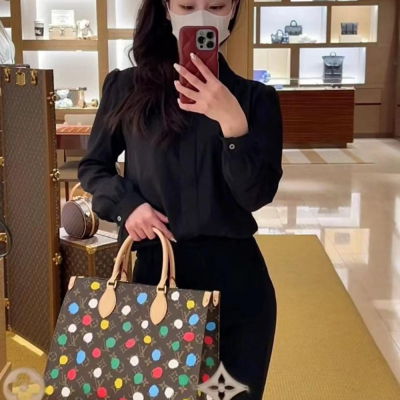 二手LV/路易威登23草間彌生合作女士中號棕色帆布配皮圓點手提托特包