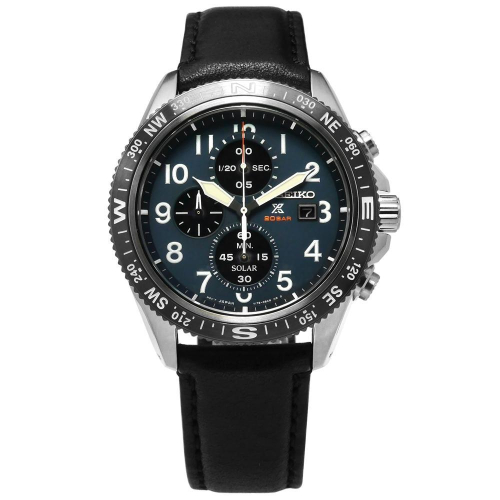 SEIKO 精工 PROSPEX 太陽能 三眼計時 防水牛皮手錶-藍x深灰框x黑/43mmV176-0BB0B