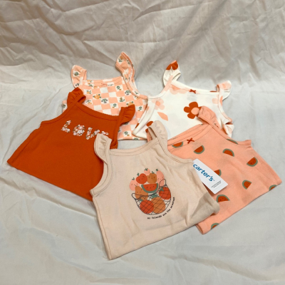 現貨12M 美國Carter’s 女寶寶嬰兒無袖背心包屁衣5件組 粉橘莓果 荷葉邊肩帶連身衣組