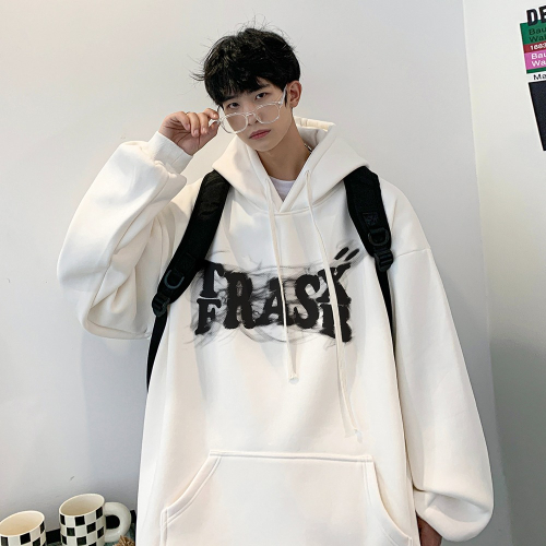 『癮品流行』模糊連帽衛衣男 復古字母印花 連帽外套 男秋季 港風chic 潮牌寬鬆 帽衫休閒上衣