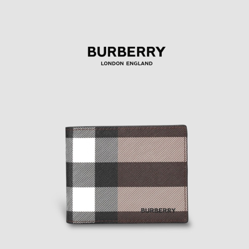 ?Burberry 品牌字母徽標 經典格紋雙摺皮夾｜暗樺木棕色｜對折｜白色衍縫縫線｜8卡｜短夾｜錢夾｜錢包｜環保皮革