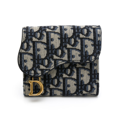 【DIOR 迪奧】DIOR SADDLE LOTUS 馬鞍三折短夾 (深藍) __DVSHOP 保證正貨台灣現貨不用等