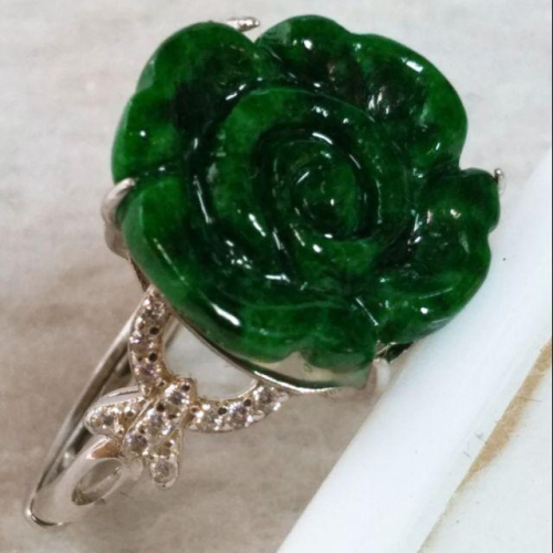 ?花開富貴?天然緬甸玉A貨翡翠-花青辣綠 精雕 玫瑰花 鑲925銀 女指 附證書【92jade 遇見善緣】