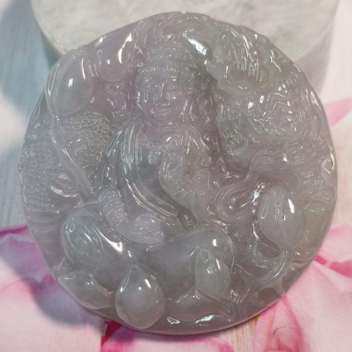 ?祥龍觀音?天然緬甸玉 A貨翡翠-冰淡紫 鐲心料 精雕 乘龍 觀音 現貨實拍優惠特價【92jade 遇見善緣】