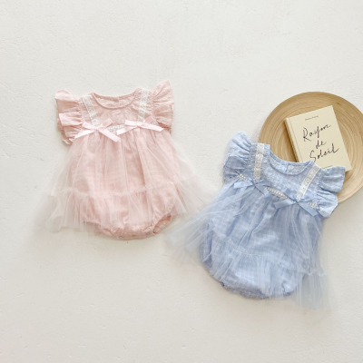 2022夏季婴幼儿女宝宝飞袖连体衣花边蝴蝶结网纱包屁哈衣裙爬爬服