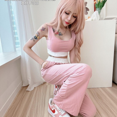 【S.T SHOP】8184簡單俐落罩杯配色背心+彈性寬褲(罩杯不可拆)