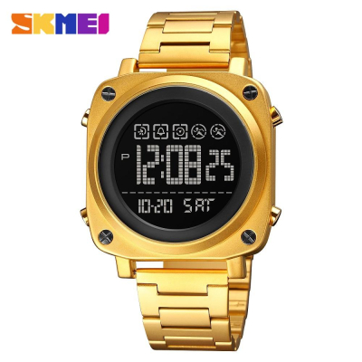 ?Skmei 1726 時尚方形金色合金大錶盤多功能 Led 電子表豪華數字手錶運動防水時鐘