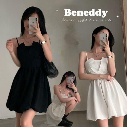 韓國少女感蝴蝶結系帶褶皺花苞吊帶連衣裙