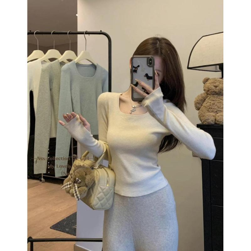 ????｜現貨+預購♡延長手指套設計方領打底修身針織上衣
