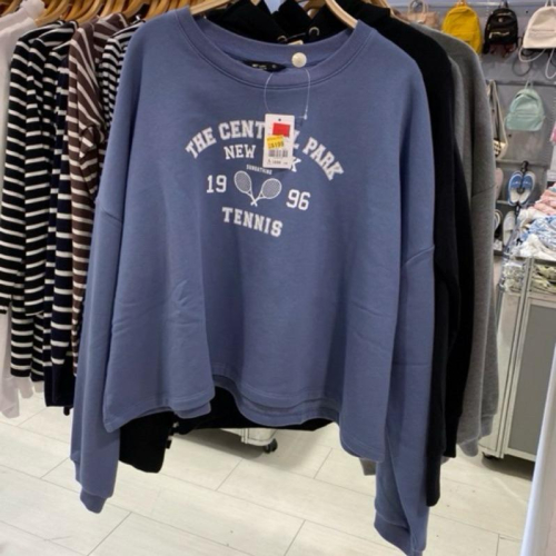 NET 刷毛藍色短版寬鬆大學T /size L/女上衣