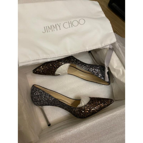 [全新］正品Jimmy Choo亮片咖啡棕銅漸變炭灰色金屬高跟鞋 Romy 85 37.5號高級經典不敗婚鞋晚宴鞋