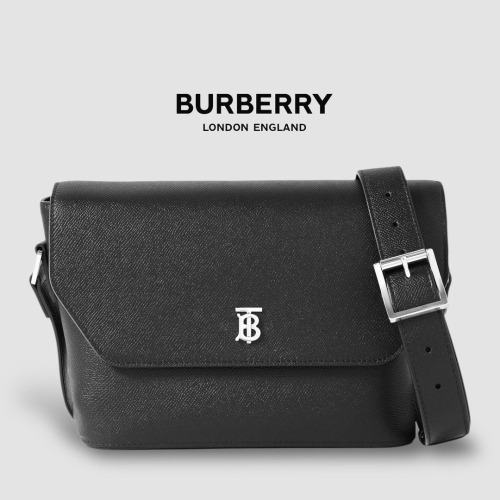 ?Burberry 黑色TB字樣銀色金屬Logo 翻蓋包｜郵差包｜肩背包｜斜肩包｜信差包｜環保皮革｜男女通用款