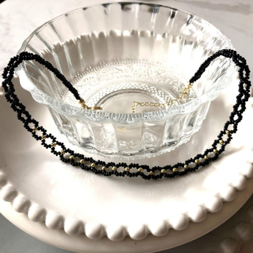 項鍊【MONTE TE手作飾品】美到犯規天鵝頸精緻手作黑色鎖骨頸鍊米珠編織
