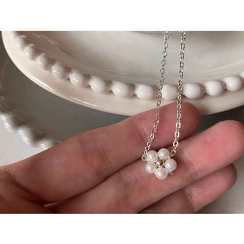 項鍊【MONTE TE手作飾品】日韓風小眾原創小花珍珠吊墜銀色項鍊