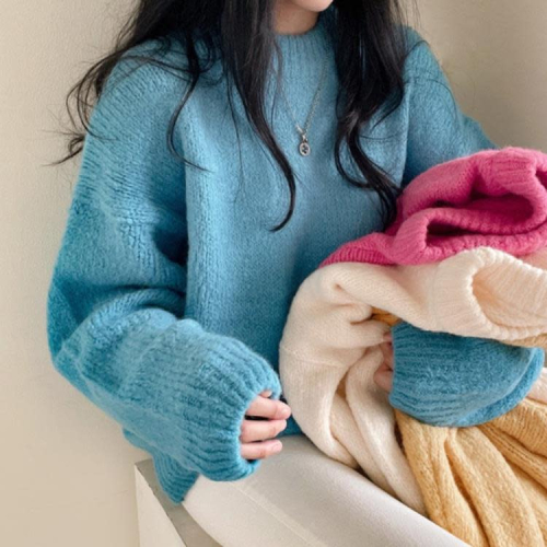 DearGod正韓女裝韓國chic秋冬新款復古糖果色圓領套頭長袖毛衣女寬松慵懶針織衫