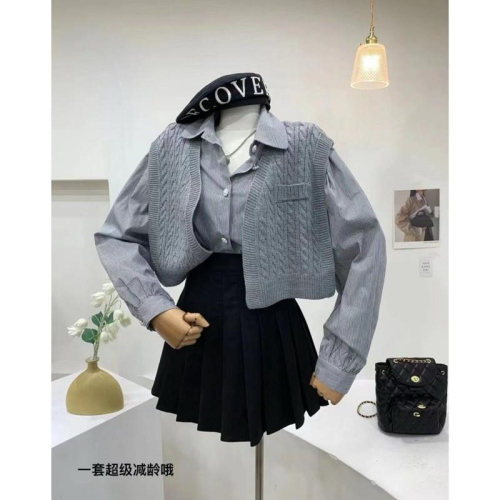 ????｜現貨+預購??實拍*韓版針織毛衣馬甲疊穿衫外套短款上衣襯衫百褶裙三件套