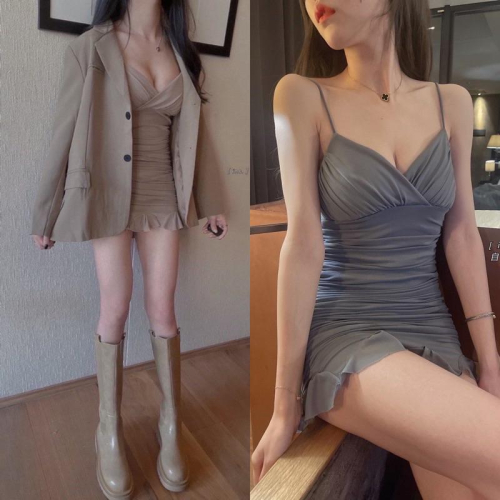 YAN女裝現貨！！獨家款抓皺洋裝 +西裝外套 套裝 個性 甜美 辣妹 顯瘦 遮肚 彩色方塊 ootd aifei
