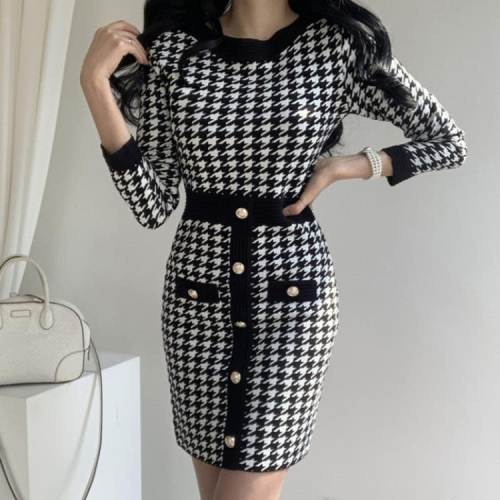 DearGod正韓女裝韓國chic秋冬復古氣質圓領收腰修身包臀千鳥格長袖針織連身裙女