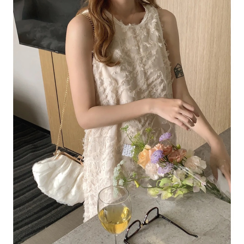 ??氣質女孩珍珠滾邊蕾絲短洋裝－－－-米