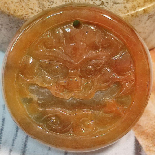 ?祥龍如意?天然緬甸玉A貨翡翠-紅皮翡 精雕 龍首 仿古 圓牌 附證書 現貨實拍優惠特價【92jade 遇見善緣】