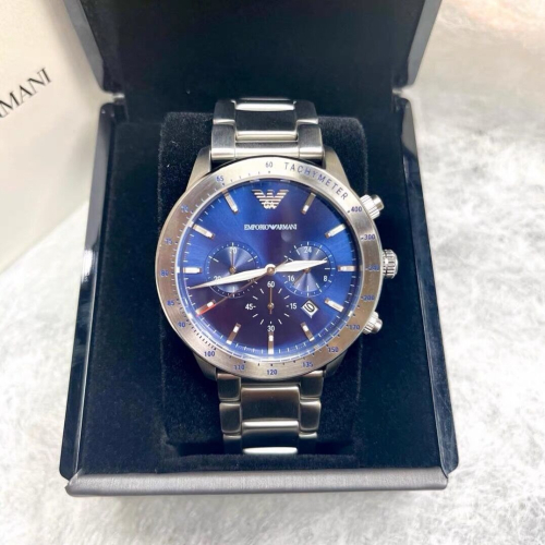 Armani手錶 阿瑪尼手錶男 新品AR11306 時尚三眼計時銀色鋼鏈錶 日曆防水石英錶 商務休閒男士腕錶 學生手錶