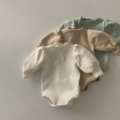 韓版童裝 嬰幼兒 秋冬寶寶 柔軟親膚 木耳領 立領 純色連身內搭衣 內搭包屁衣 時尚泡泡袖 爬服哈衣