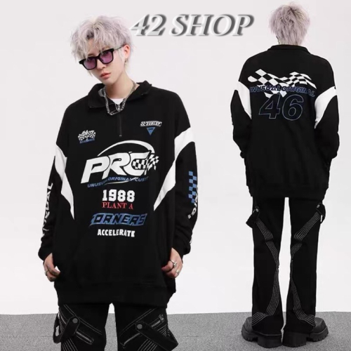 ?? ???? ?????? | 街頭美式嘻哈拼接色塊ins上衣賽車服高領衛衣