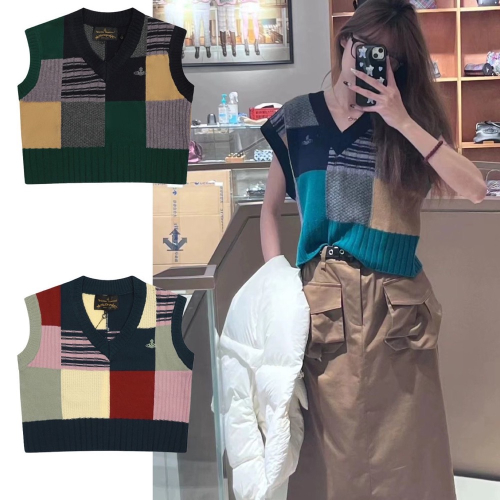 Lisa同款 Vivienne Westwood 刺繡毛衣背心 針織馬甲 V領學院風好氣質土星刺繡拼接風格羊毛背心無袖
