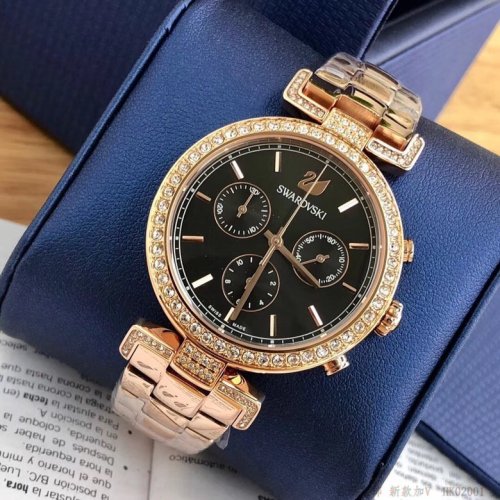Swarovski手錶 女生手錶 施華洛世奇手錶 玫瑰金三眼計時鋼鏈石英錶 鑲鑽時尚潮流女錶5295366 63